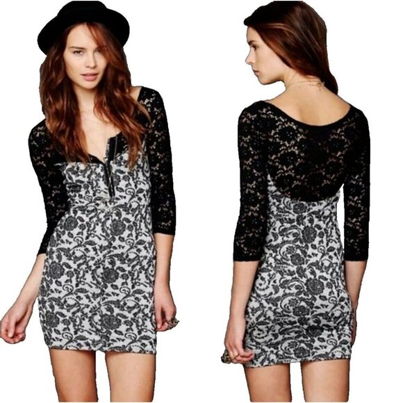Free People Love You to Pieces Black Gray Floral Mini Bodycon Dress Sz M Casual - Picture 3 of 10